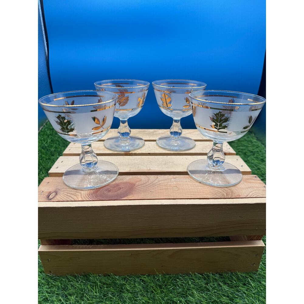 Set of 4 Libbey Golden Foliage Frosted Champagne Coupe Sherbet Glasses